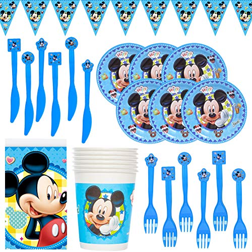 CYSJ 26PCS Set de Fiesta de cumpleaños de Mickey Disney Mickey Mouse Party Decoration Set para 6 Invitados Platos Tazas Servilletas Pack de Fiesta Mickey Mantel Sirve