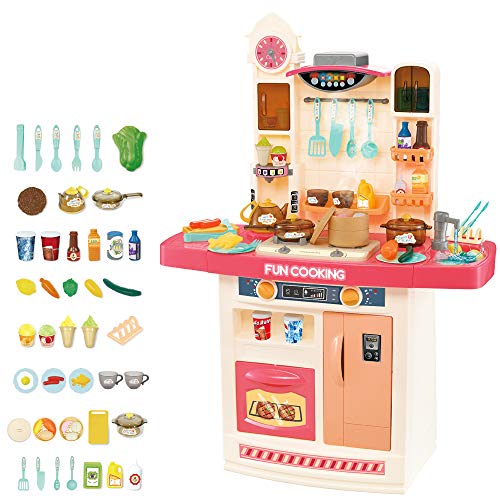 deAO Cocina de Juguete Mi Pequeño Chef Diseño Interactivo Multifuncional, Grifo de Agua, Función de Ebullición, Extractor, Características de Luz y Sonidos, 50 Accesorios Incluidos (Rosa)