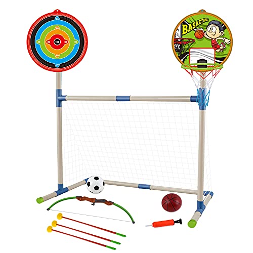 deAO Deportes 3 en 1 para Futbol, Baloncesto y Tiro con Arco Conjunto Familiar Juegos de Deporte Infantil Incluye Balones e Inflador para Niños y Niñas Pequeños/as