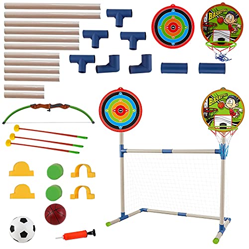 deAO Deportes 3 en 1 para Futbol, Baloncesto y Tiro con Arco Conjunto Familiar Juegos de Deporte Infantil Incluye Balones e Inflador para Niños y Niñas Pequeños/as