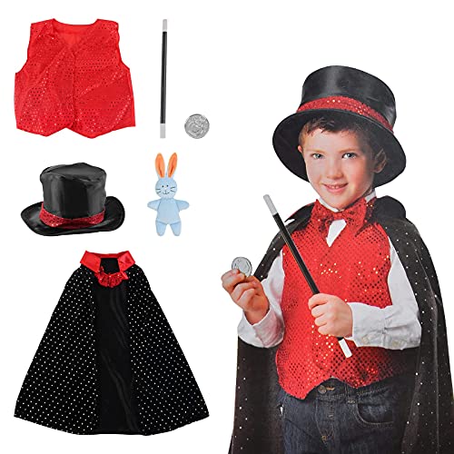 deAO Disfraz de Mago Juego Infantil de Imitación Conjunto Incluye Uniforme Tradicional, Accesorios de Magia y Conejo de Peluche