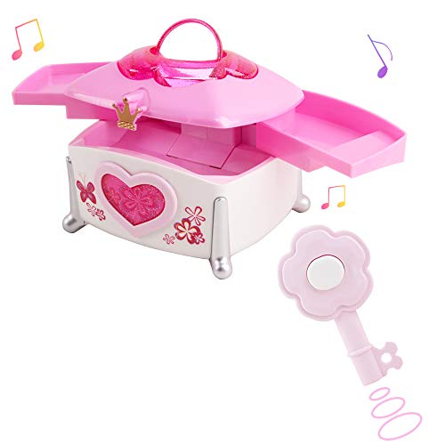 deAO Joyero Musical con Cerradura y Llave Juego de Belleza Infantil Conjunto de Estuche con Funciones Musicales Incluye Llave, Secador de Pelo, Maquillaje Artificial y Más Accesorios (28 Piezas)