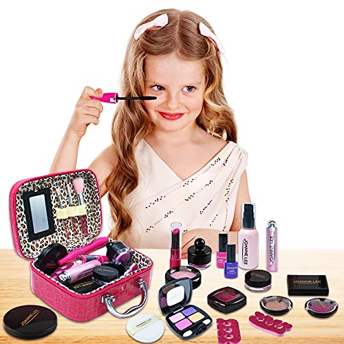 deAO Maquillaje de Juguete en Neceser Maletín MUA Juego de Belleza y Moda Realista Conjunto Infantil de 23 Piezas Incluye Maquillaje Artificial Variado, Espejo y Accesorios para Niñas y Niños