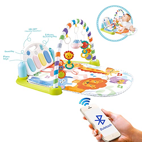 deAO Tapete de Juegos Infantil para Bebé Centro de Actividades Incluye Piano, Proyector, Sonajeros Móviles, Función Bluetooth, Luces y Sonidos