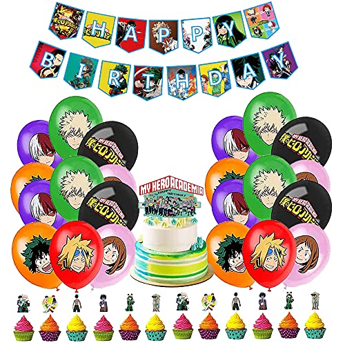 Decoracion Cumpleaños My Hero Academia Globos Feliz Cumpleaños del Pancarta Adorno de Torta para Niños Decoraciones de Fiesta Cumpleaños de Anime