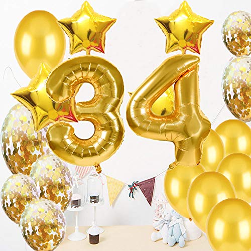 Decoración de cumpleaños 34, globos de cumpleaños 34, globos dorados, globos de Mylar número 34, decoración de globos de látex, gran regalo de cumpleaños para niñas, accesorios de fotos