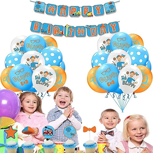 Decoración de cumpleaños Blipi, fiesta de cumpleaños, paquete de fiesta para niños, globos de cumpleaños, pancarta para tartas, diseño de paneles, globos (34 unidades)