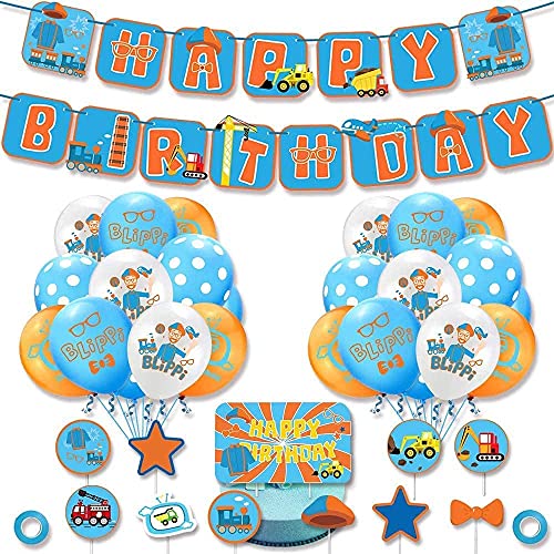 Decoración de cumpleaños Blipi, fiesta de cumpleaños, paquete de fiesta para niños, globos de cumpleaños, pancarta para tartas, diseño de paneles, globos (34 unidades)