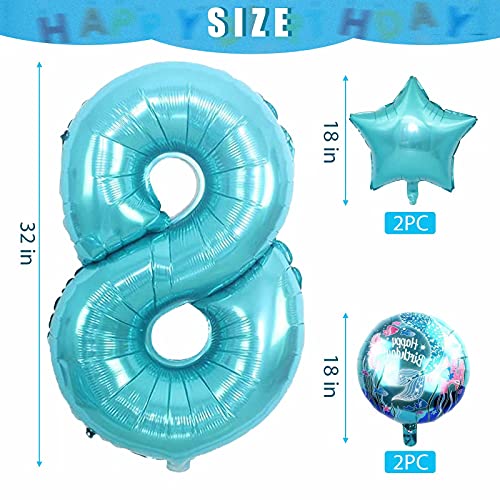 Decoración de cumpleaños infantil con forma de sirena, globo azul, globo de 8 años, decoración de cumpleaños para niñas, 8 años, globo gigante con números de cumpleaños