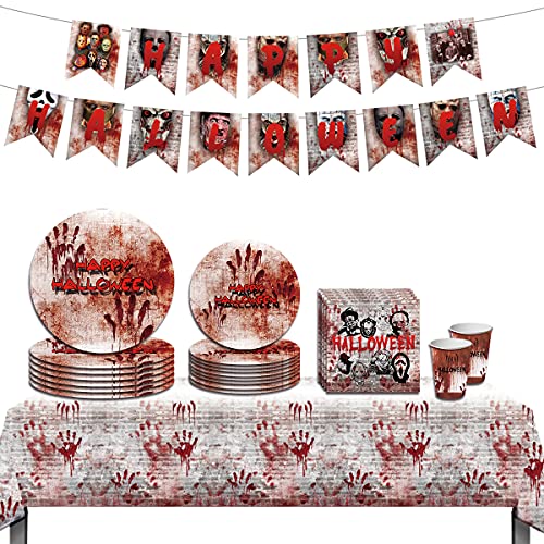 Decoración Halloween Vajilla Terror para 20 Invitados,Pancarta,Mantel Ensangrentado,Platos,Tazas,Mesa Ensangrentada,Decoración Fiestas Halloween Víspera Terror,Cumpleaños,Decoración Fiesta de Navideña