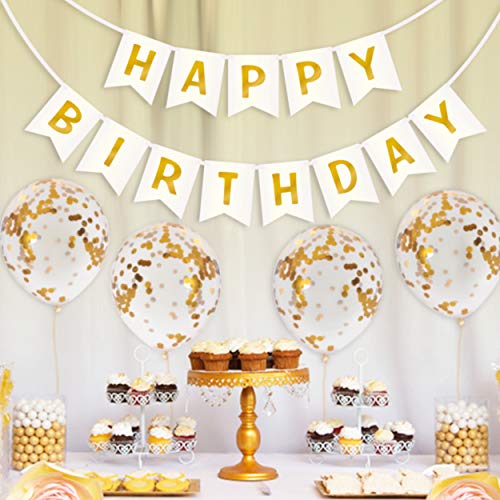 Decoración para Fiestas de Cumpleaños con Pancarta Happy Birthday en Tonos Blanco y Dorado y Globos de Confeti | Guirnalda para Todo Tipo de Celebraciones | Feliz Cumpleaños para Niñas y Mujeres