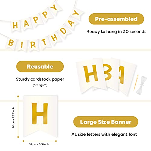 Decoración para Fiestas de Cumpleaños con Pancarta Happy Birthday en Tonos Blanco y Dorado y Globos de Confeti | Guirnalda para Todo Tipo de Celebraciones | Feliz Cumpleaños para Niñas y Mujeres