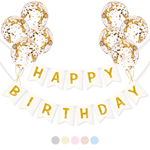 Decoración para Fiestas de Cumpleaños con Pancarta Happy Birthday en Tonos Blanco y Dorado y Globos de Confeti | Guirnalda para Todo Tipo de Celebraciones | Feliz Cumpleaños para Niñas y Mujeres