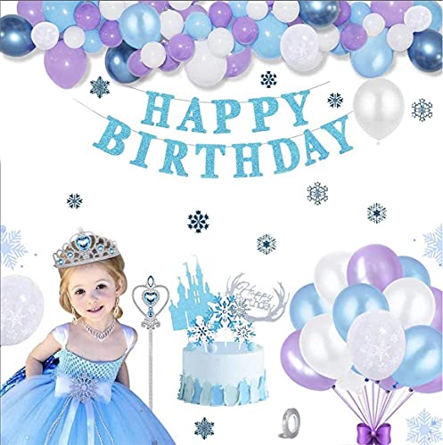 Decoraciones de Cumpleaños de Frozen Globos de Fiesta de Copo de Nieve de Frozen Corona y Cetro Globos de Látex Azul Plateado para Niña Mujer Adorno paraTarta Mantel Pegatinas