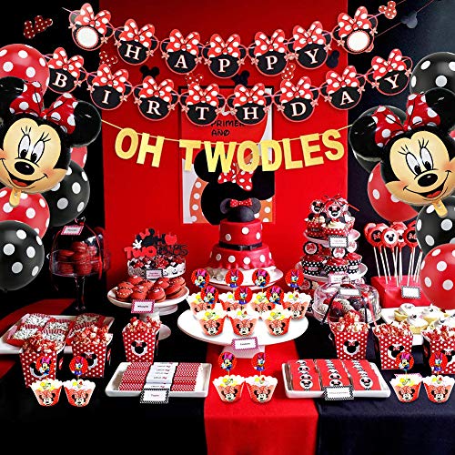 Decoraciones de Cumpleaños de Minnie Mouse, Banner de Happy Birthday Adorno de Pastel Globos dfe Lunares Para La Fiesta Temática de Mickey Mouse