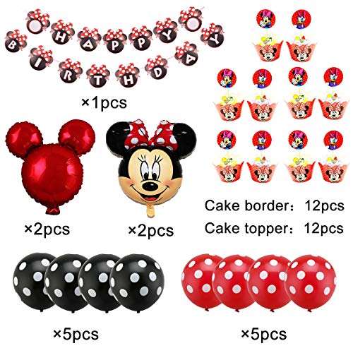 Decoraciones de Cumpleaños de Minnie Mouse, Banner de Happy Birthday Adorno de Pastel Globos dfe Lunares Para La Fiesta Temática de Mickey Mouse