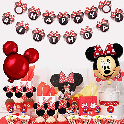 Decoraciones de Cumpleaños de Minnie Mouse, Banner de Happy Birthday Adorno de Pastel Globos dfe Lunares Para La Fiesta Temática de Mickey Mouse