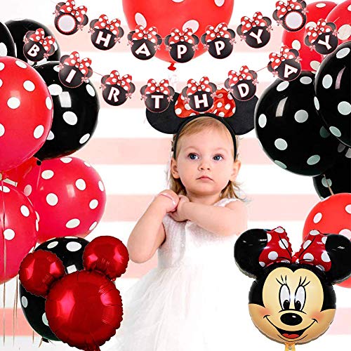 Decoraciones de Cumpleaños de Minnie Mouse, Banner de Happy Birthday Adorno de Pastel Globos dfe Lunares Para La Fiesta Temática de Mickey Mouse