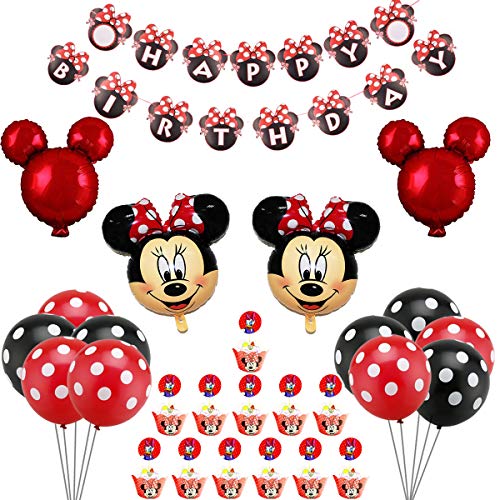 Decoraciones de Cumpleaños de Minnie Mouse, Banner de Happy Birthday Adorno de Pastel Globos dfe Lunares Para La Fiesta Temática de Mickey Mouse