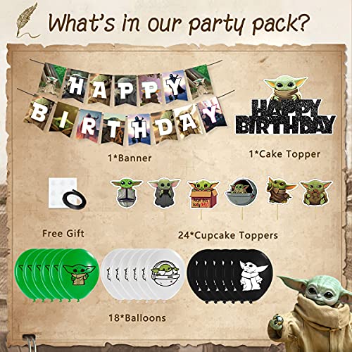 Decoraciones de fiesta de Yoda para fanáticos de STAR_War, 44 regalos de cumpleaños de mandalorian para los fans de Star War 18 globos, 1 paquete de pancartas, 24 adornos pequeños para tartas