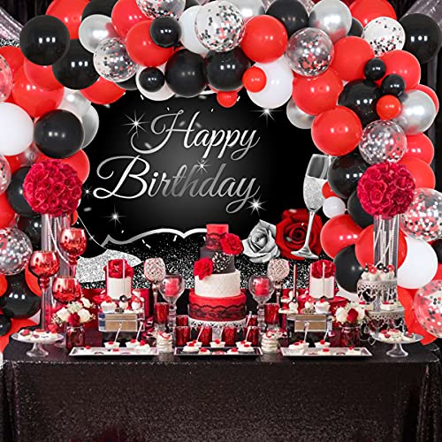 Decoraciones de fiesta rojo, negro y plateado para mujeres, suministros de fiesta de cumpleaños, guirnalda de globos rojos, negros y plateados, telón de fondo de feliz cumpleaños