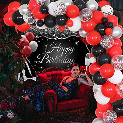 Decoraciones de fiesta rojo, negro y plateado para mujeres, suministros de fiesta de cumpleaños, guirnalda de globos rojos, negros y plateados, telón de fondo de feliz cumpleaños