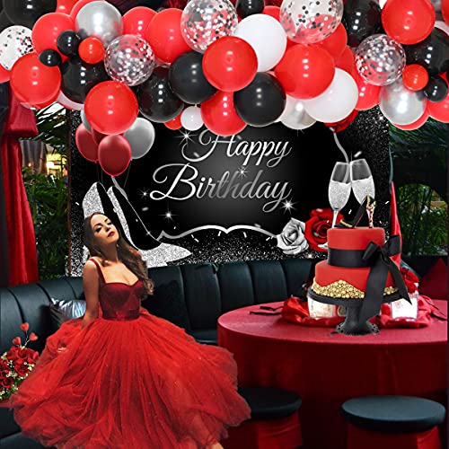 Decoraciones de fiesta rojo, negro y plateado para mujeres, suministros de fiesta de cumpleaños, guirnalda de globos rojos, negros y plateados, telón de fondo de feliz cumpleaños