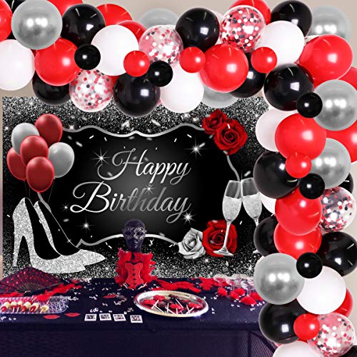 Decoraciones de fiesta rojo, negro y plateado para mujeres, suministros de fiesta de cumpleaños, guirnalda de globos rojos, negros y plateados, telón de fondo de feliz cumpleaños