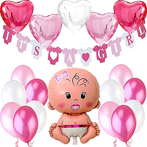 Decoraciones Fiesta de Bienvenida de Bebé Niña. Bandera Es Una Chica"It’s a Girl", Globo de Aluminio a Recién Nacida, 5 Corazon Globos de Aluminio, 12 Globos. Accessorios Baby Shower