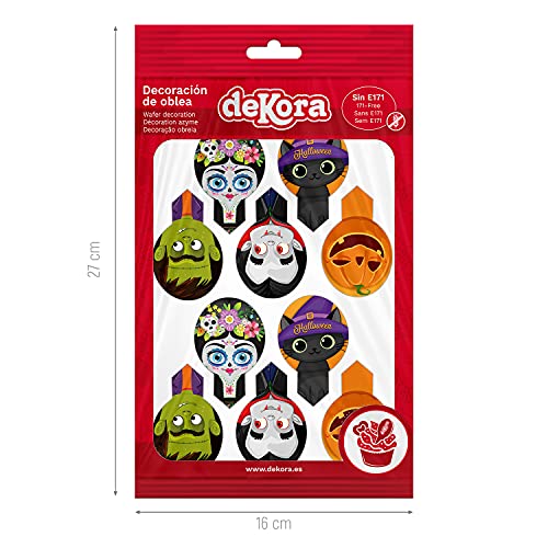 dekora Dekorapin Decoración Comestible para Tartas Cupcakes o Decoración Halloween Infantil 20 Obleas Comestibles Tamaño 6,5x4cm [Frankestein, Drácula, Gato Negro, Novia Cadaver, Calabaza], 135024