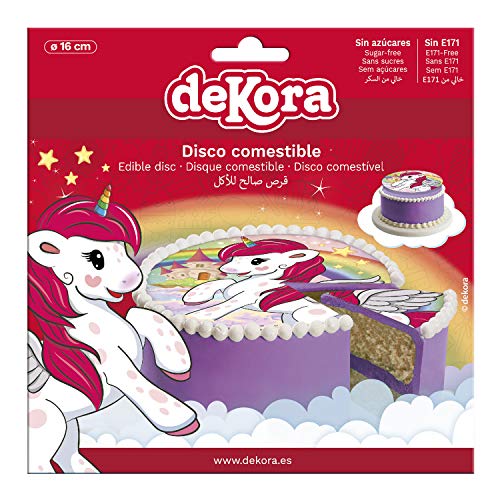 Dekora - Disco Comestible para Decoración de Tartas de Cumpleaños de Unicornio - 16 cm