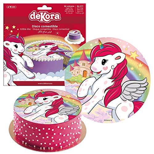 Dekora - Disco Comestible para Decoración de Tartas de Cumpleaños de Unicornio - 16 cm