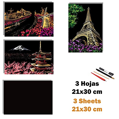 Dibujos para rascar. Torre Eiffel Molinos Holanda Monte Fuji. Láminas con fondo colorido para rascar. Scratch Painting. Manualidad rascar Serie ciudades.Hojas de rascar. Sets de 3 hojas de 21x29.7cm