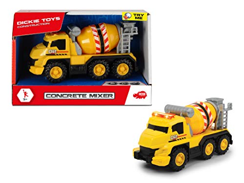 Dickie Toys 203302024 Mezclador de hormigón, Mezclador de Cemento, rotación Manual, camión con Tambor, Coche de Juguete, luz y Sonido, Incluye baterías, 16 cm, Amarillo