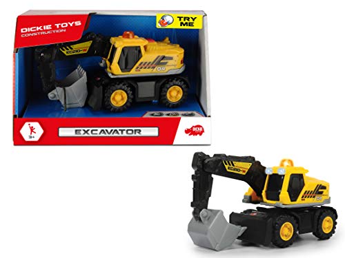 Dickie Toys 203302027 Excavadora, excavadora, vehículo de obras, brazo y pala manualmente, coche de juguete, coche de obras, caja de arena, juguetes, luz y sonido, incluye pilas, 16 cm, color amarillo