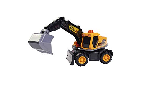 Dickie Toys 203302027 Excavadora, excavadora, vehículo de obras, brazo y pala manualmente, coche de juguete, coche de obras, caja de arena, juguetes, luz y sonido, incluye pilas, 16 cm, color amarillo