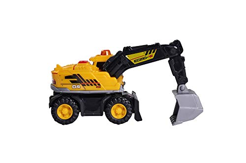 Dickie Toys 203302027 Excavadora, excavadora, vehículo de obras, brazo y pala manualmente, coche de juguete, coche de obras, caja de arena, juguetes, luz y sonido, incluye pilas, 16 cm, color amarillo