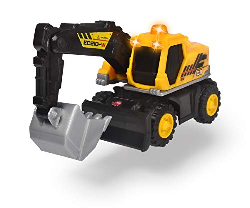 Dickie Toys 203302027 Excavadora, excavadora, vehículo de obras, brazo y pala manualmente, coche de juguete, coche de obras, caja de arena, juguetes, luz y sonido, incluye pilas, 16 cm, color amarillo