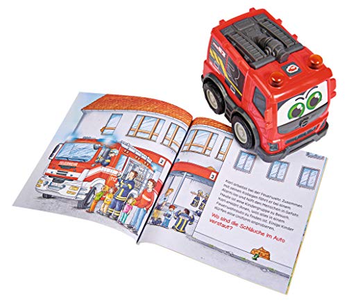 Dickie Toys 203812009 Qué es un Bombero de Volvo Rosenbauer con Rueda Libre, Incluye lo Que es el Libro, no destiñe y Resistente a la Saliva, Juguete a Partir de 1 año, 14,5 cm, Color Rojo