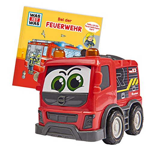 Dickie Toys 203812009 Qué es un Bombero de Volvo Rosenbauer con Rueda Libre, Incluye lo Que es el Libro, no destiñe y Resistente a la Saliva, Juguete a Partir de 1 año, 14,5 cm, Color Rojo