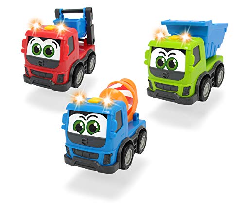 Dickie Toys Happy Series-Volvo FMX Vehículos de Construcción para niños a Partir de 1 año, Volquete, Hormigonera o Camión Contenedor, 13 cm, Modelos y Colores Aleatorios, 203811006