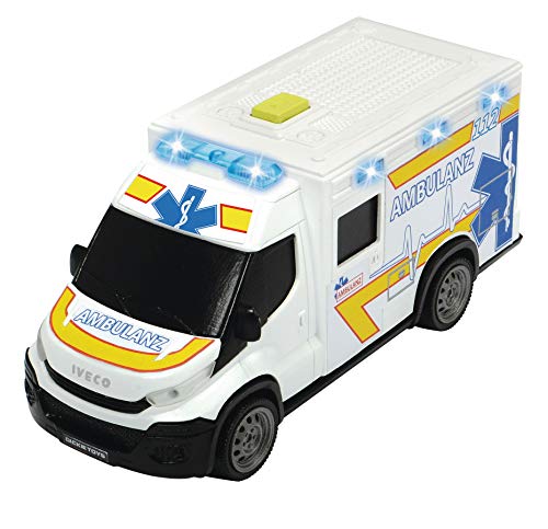 Dickie Toys Iveco Daily Ambulance-Cochecito de Rescate, Trage-Coche de Juguete (Puerta Trasera, luz y Sonido, Incluye Pilas, 18 cm, a Partir de 3 años), Color Blanco (203713012)