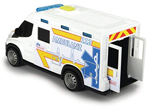 Dickie Toys Iveco Daily Ambulance-Cochecito de Rescate, Trage-Coche de Juguete (Puerta Trasera, luz y Sonido, Incluye Pilas, 18 cm, a Partir de 3 años), Color Blanco (203713012)