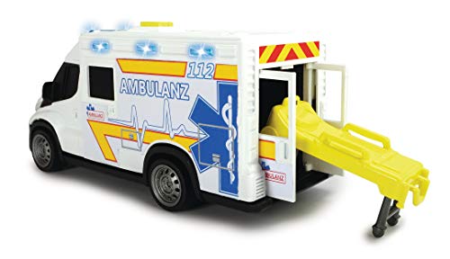 Dickie Toys Iveco Daily Ambulance-Cochecito de Rescate, Trage-Coche de Juguete (Puerta Trasera, luz y Sonido, Incluye Pilas, 18 cm, a Partir de 3 años), Color Blanco (203713012)