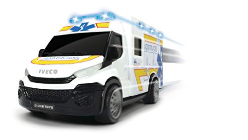 Dickie Toys Iveco Daily Ambulance-Cochecito de Rescate, Trage-Coche de Juguete (Puerta Trasera, luz y Sonido, Incluye Pilas, 18 cm, a Partir de 3 años), Color Blanco (203713012)