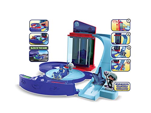 Dickie Toys PJ Masks - Centro de Juego para Tres vehículos, Plato Giratorio y Ascensor, rampa y móvil de PJ Masks (60 cm, a Partir de 3 años)