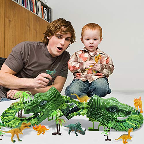 Diealles Shine Pista de Dinosaurios con Dinosaurios Juguetes, 153 Pcs Pista de Carreras de Coches, Regalos Cumpleaños Vías Flexibles Vehículo