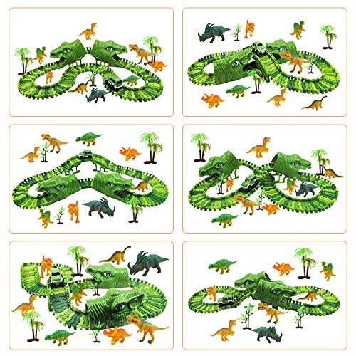 Diealles Shine Pista de Dinosaurios con Dinosaurios Juguetes, 153 Pcs Pista de Carreras de Coches, Regalos Cumpleaños Vías Flexibles Vehículo