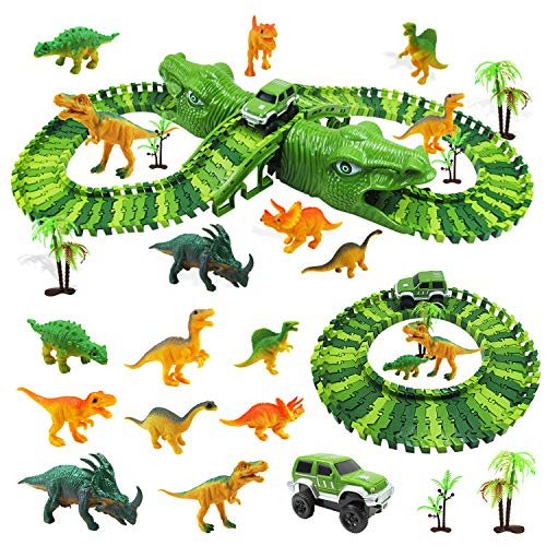 Diealles Shine Pista de Dinosaurios con Dinosaurios Juguetes, 153 Pcs Pista de Carreras de Coches, Regalos Cumpleaños Vías Flexibles Vehículo