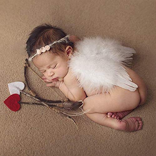 Disfraz angel niña conjunto incluye 1 alas de angel bebe, 1 halo,1 corona angel Bebé lindo ángel de plumas alas fotografía traje prop foto prop con elástico pétalas de diamantes flor diadema(3 PCS)